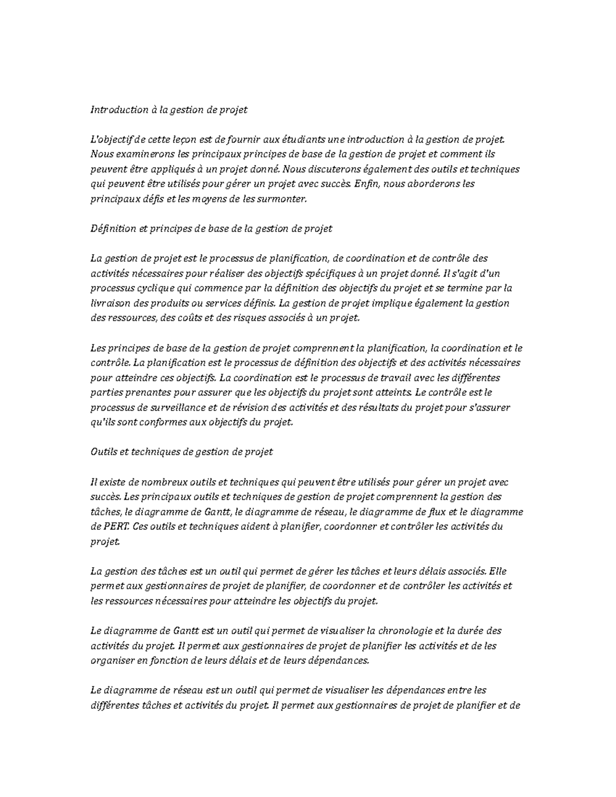 Project Management note study - Introduction à la gestion de projet L ...