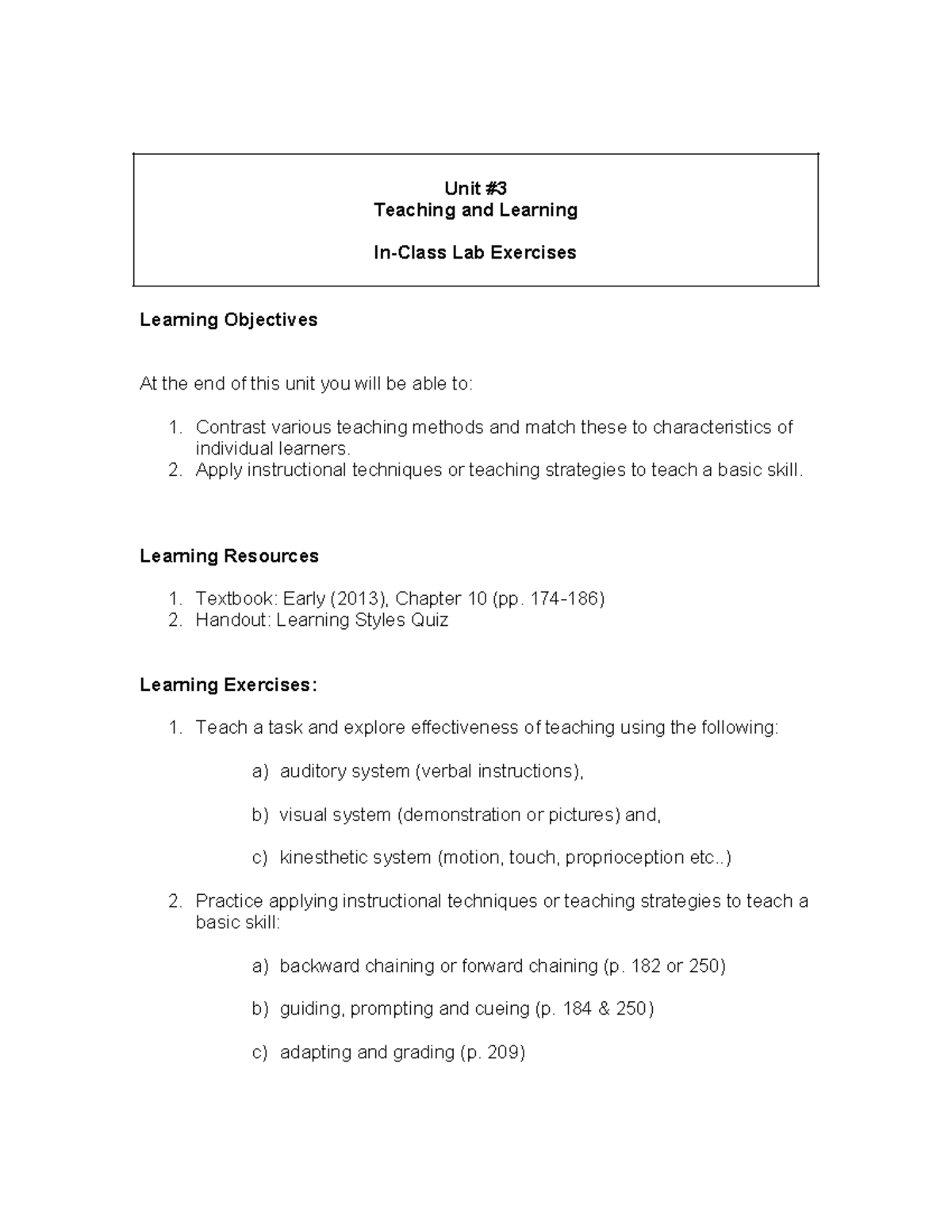 Unit 3 & 4 Lab Exercises 2021 - Unit Teaching and Learning In-Class Lab ...