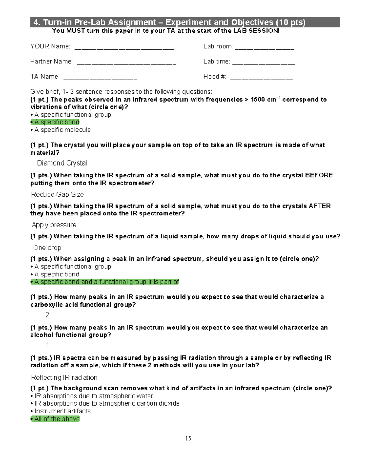 Infrared Spectroscopy Prelab/Objective questions 15 4. Turnin PreLab Assignment ±