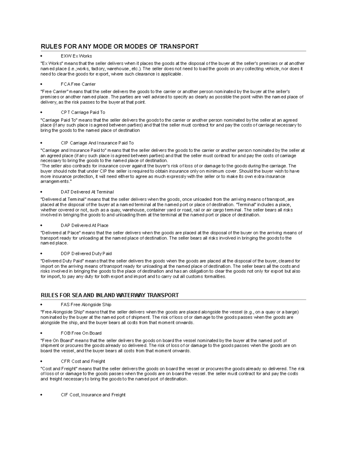 Incoterms - international trading terms - RULES FOR ANY MODE OR MODES ...