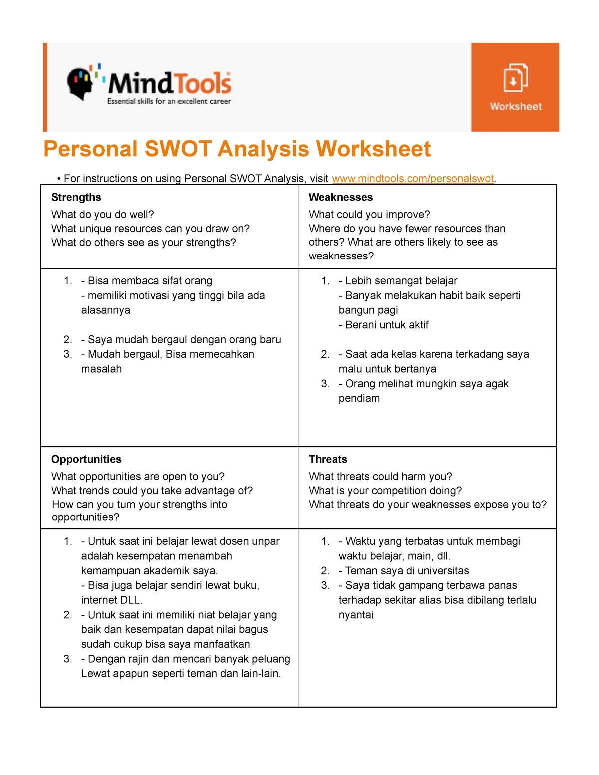 Gia Prameswara Personal SWOT Analysis Kelas C Personal SWOT Analysis Worksheet For 