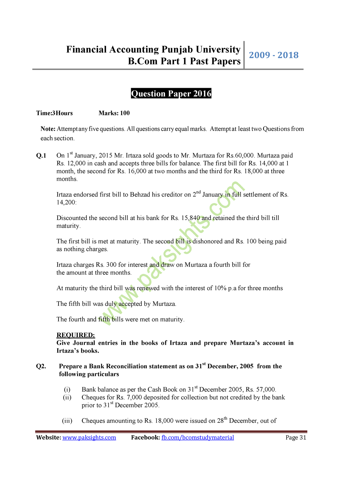 Financial Accounting Punjab University B - B Part 1 Past Papers 2009 ...