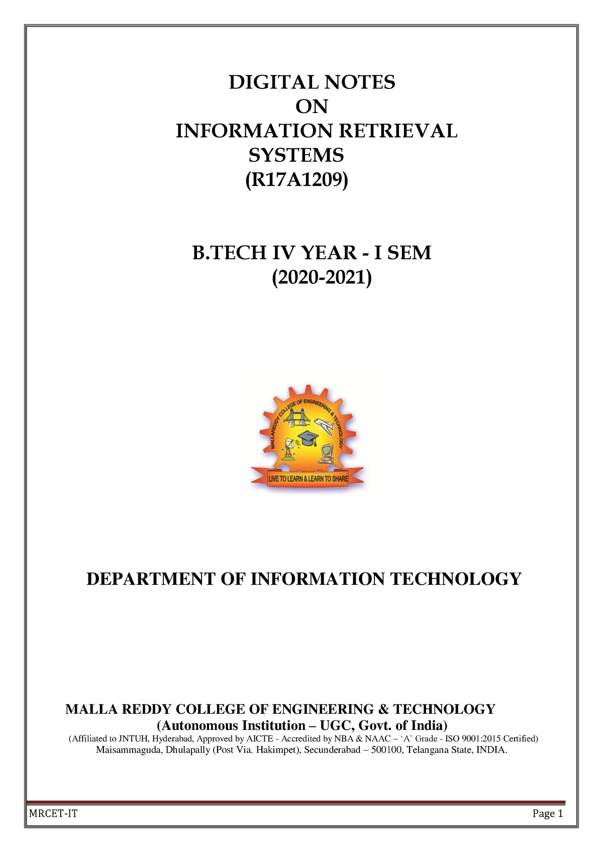 R17A1209 Information Retrieval Systems DIGITAL NOTES ON