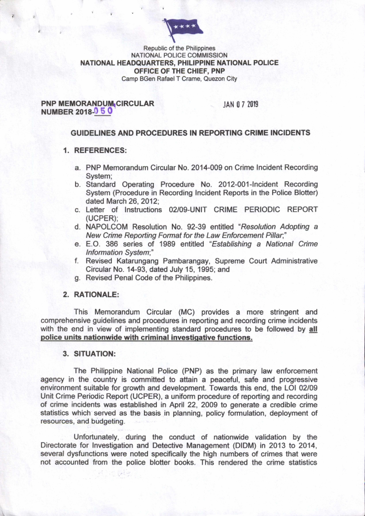 MC No 2018-050 Guidelines and Procedures in Reporting Crime Incidents ...