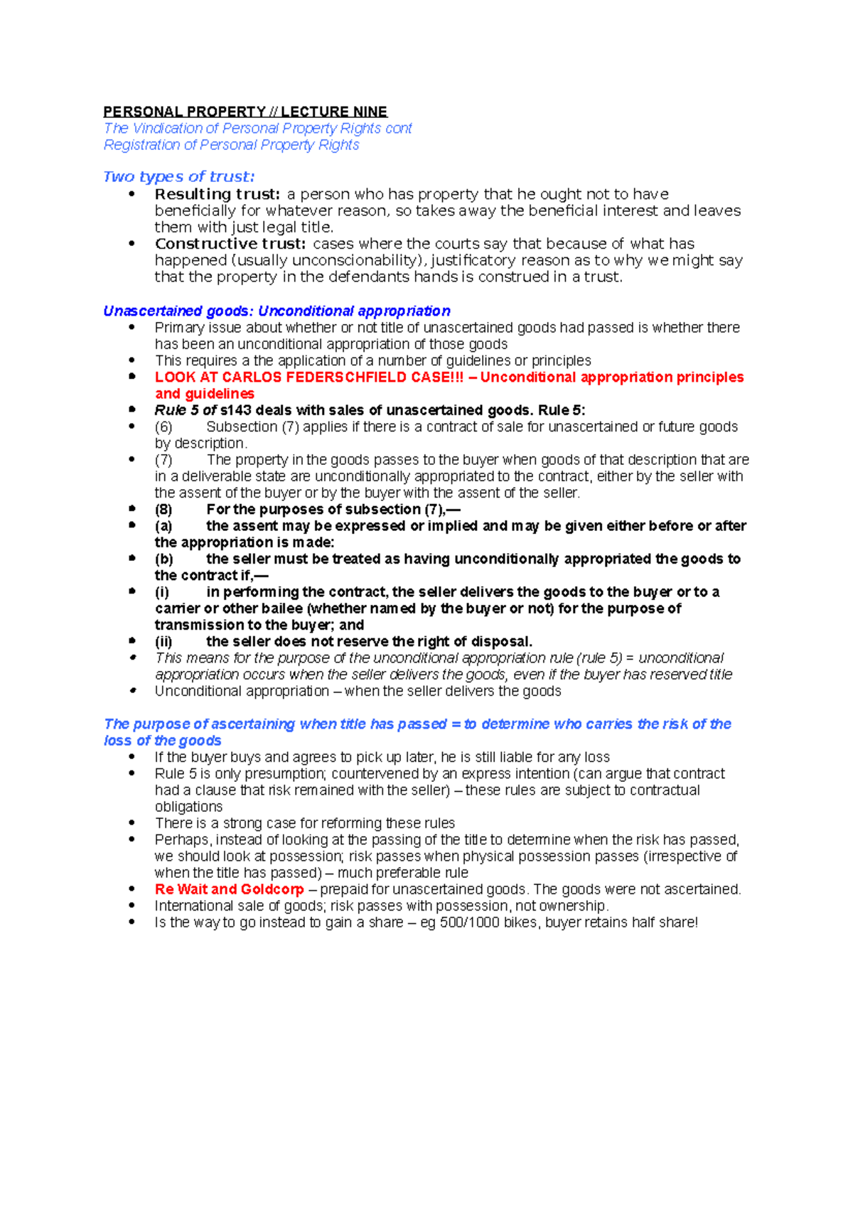 Lecture 9 notes Legal Writing PERSONAL PROPERTY // LECTURE NINE The