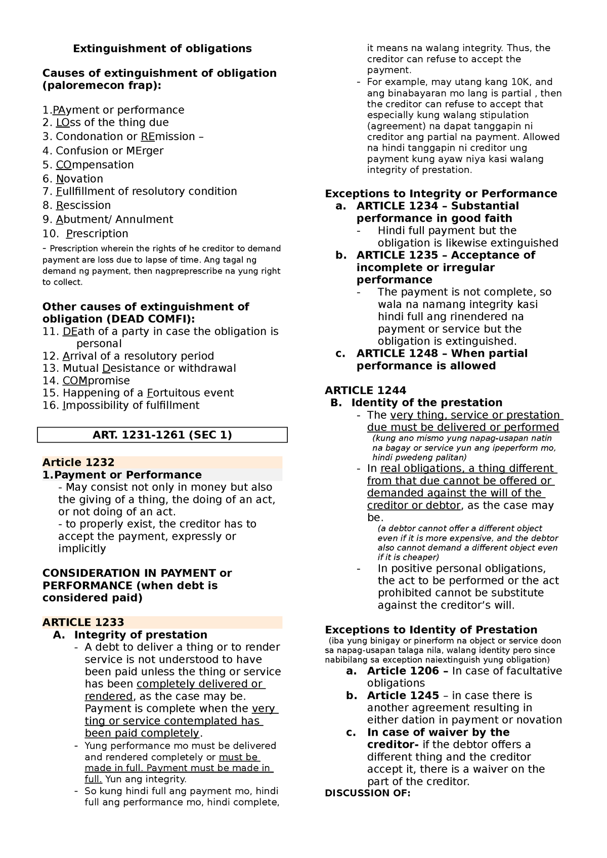 Oblicon Summary - None - Extinguishment Of Obligations Causes Of ...