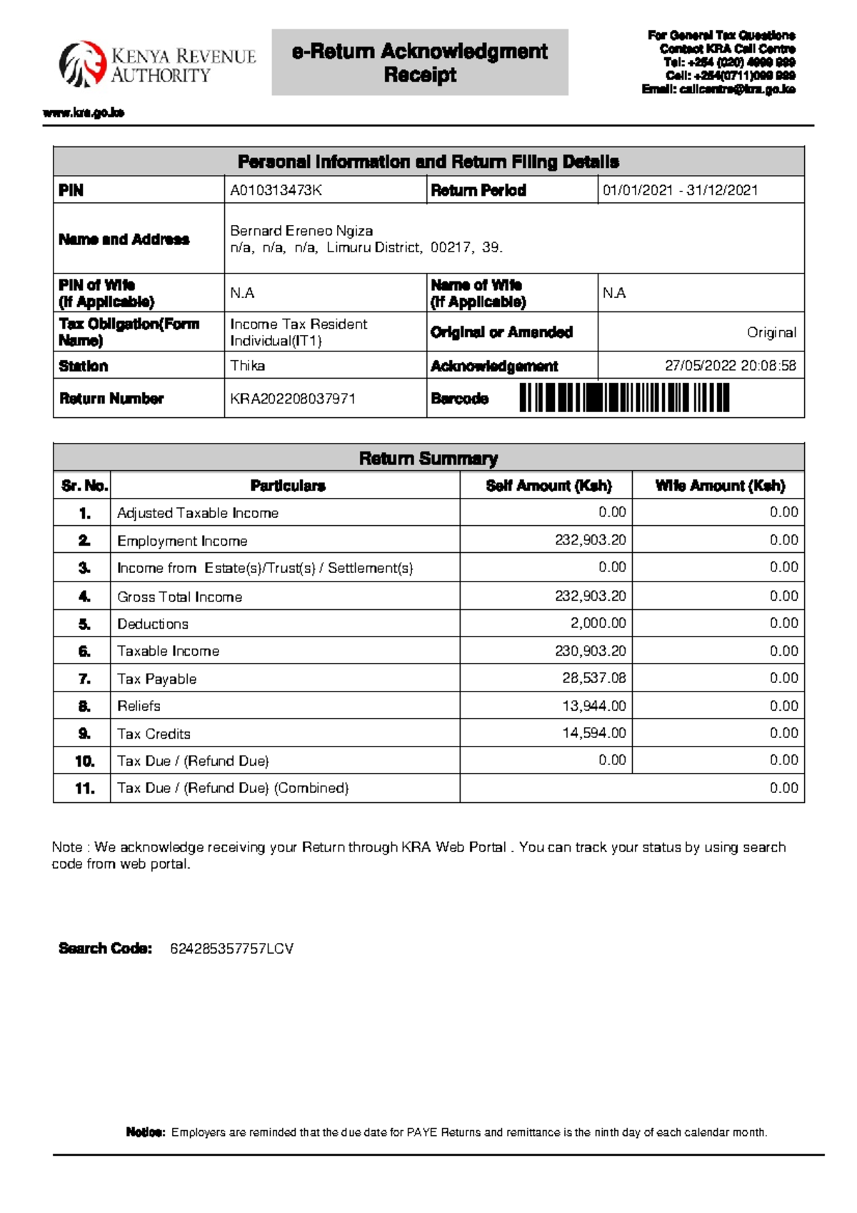 Receipt 9 - None - For General Tax QuestionsContact KRA Call Centre Tel ...