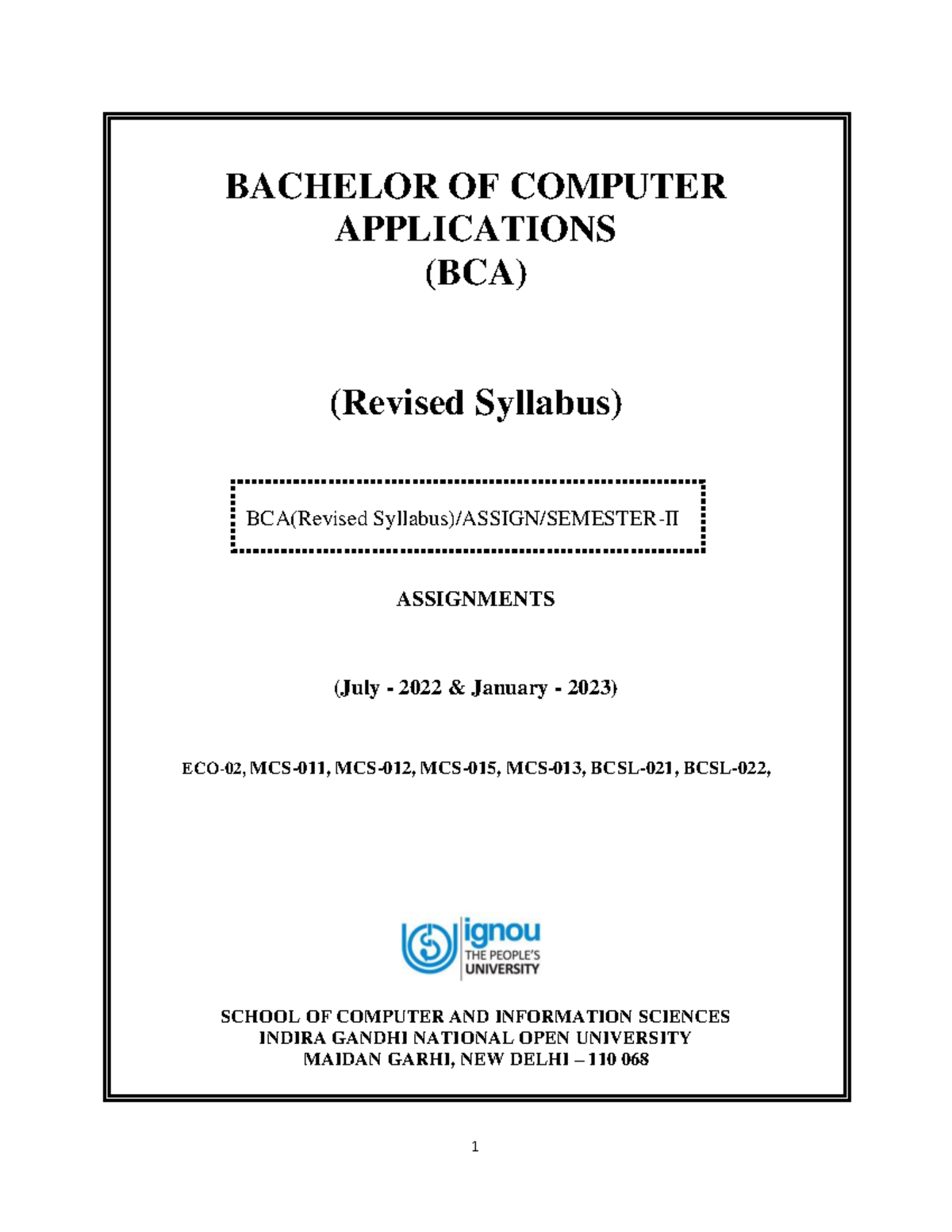 BCA Semester-II 2022-23 Assignments - BACHELOR OF COMPUTER APPLICATIONS ...