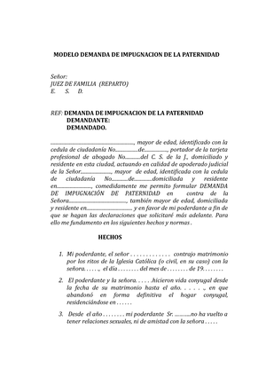 Demanda de Impugnación de la paternidad en hijos legítimos - MODELO DEMANDA  DE IMPUGNACION DE LA - Studocu