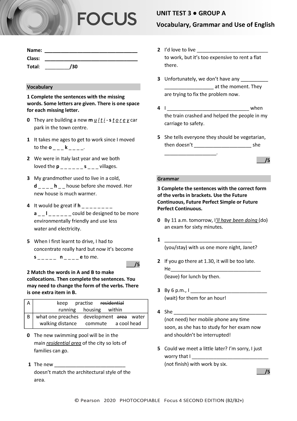 Focus E Unit Test Vocabulary Grammar Uo E Unit Group A Pearson Photocopiable Focus