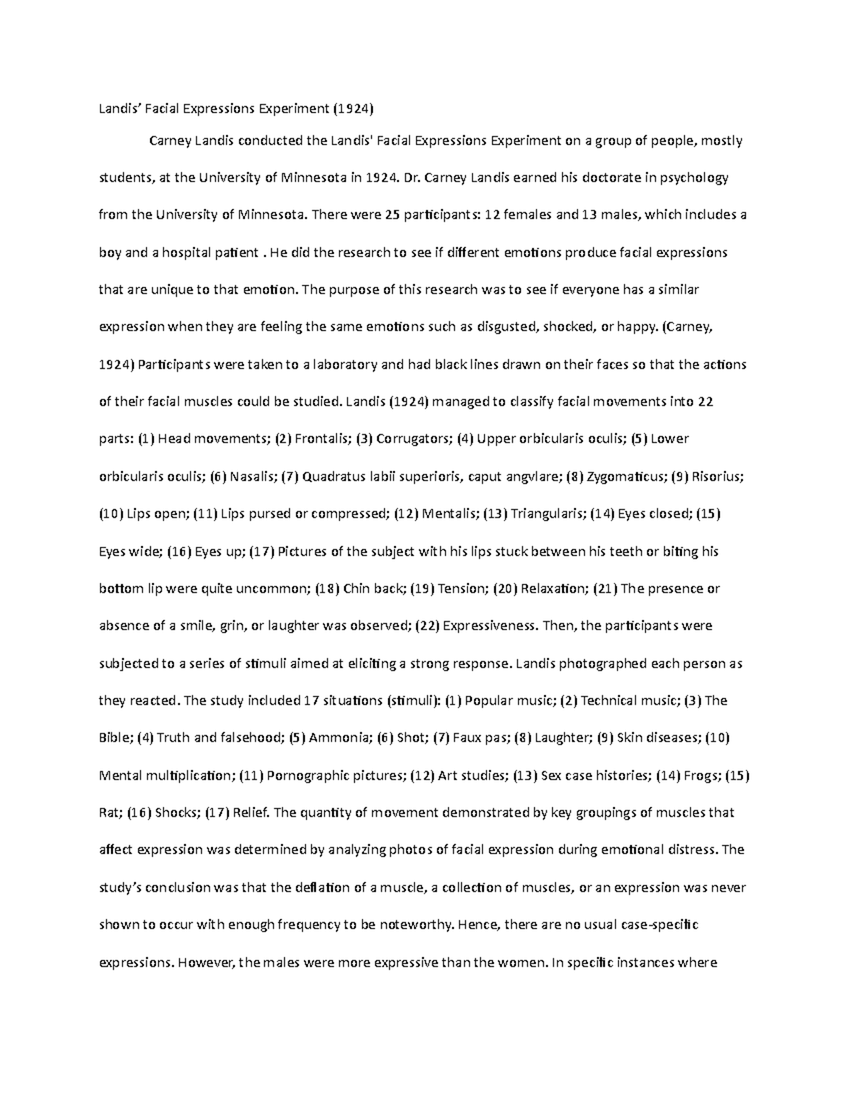 PSYC200 paper Landis’ Facial Expressions Experiment (1924) Carney
