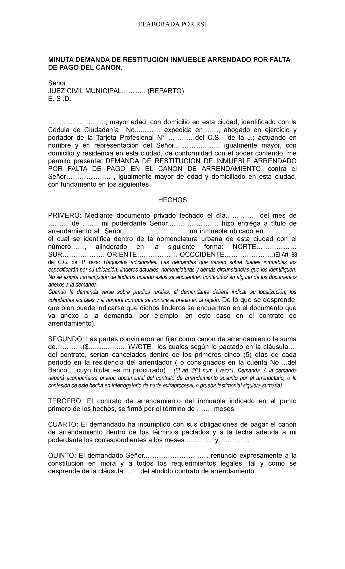 Minuta Demanda Restitucion Inmueble Arrendado POR Falta PAGO Canon - MINUTA  DEMANDA DE RESTITUCIÓN - Studocu