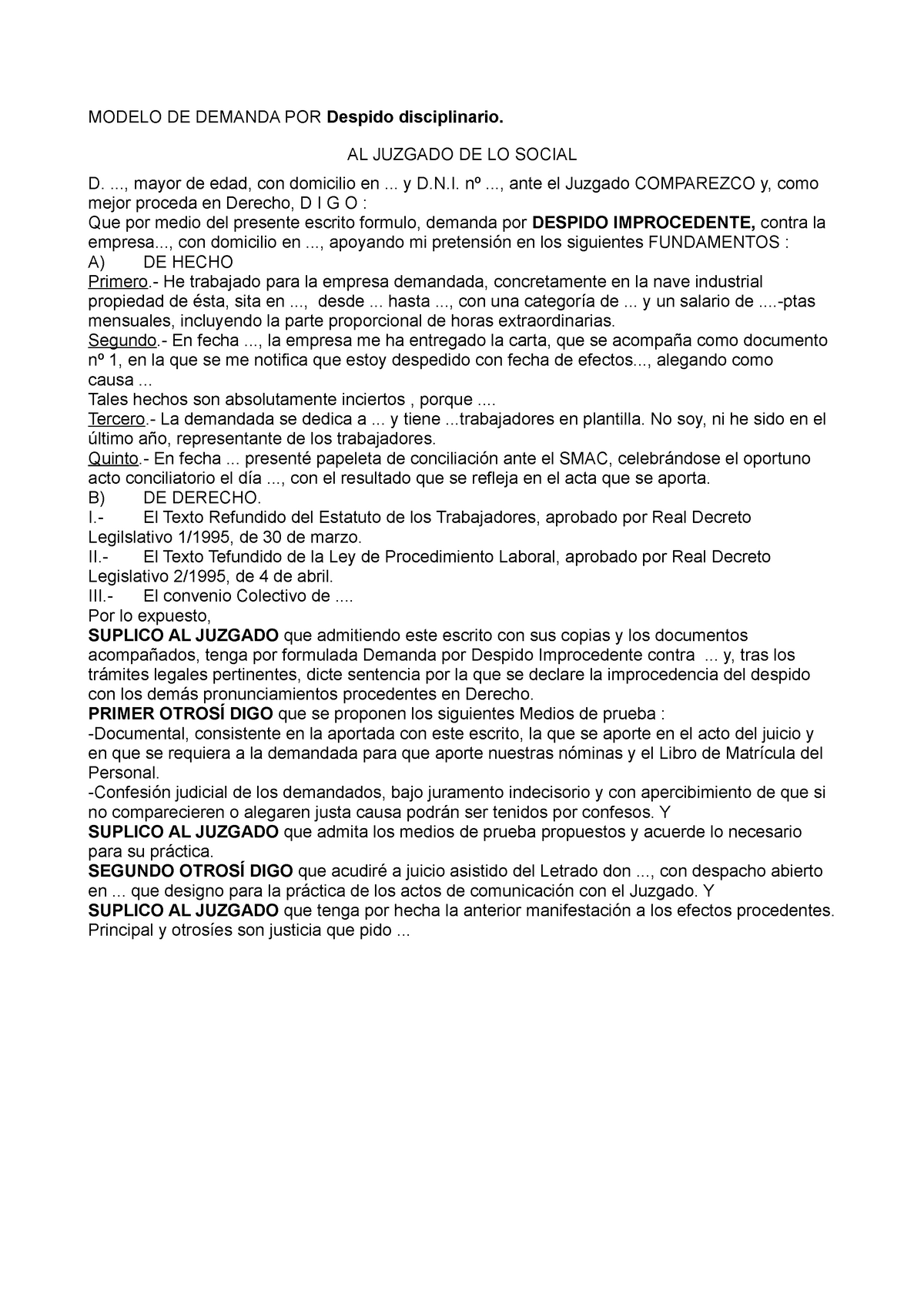 Modelo de demanda por despido disciplinario - MODELO DE DEMANDA POR Despido  disciplinario. AL - Studocu