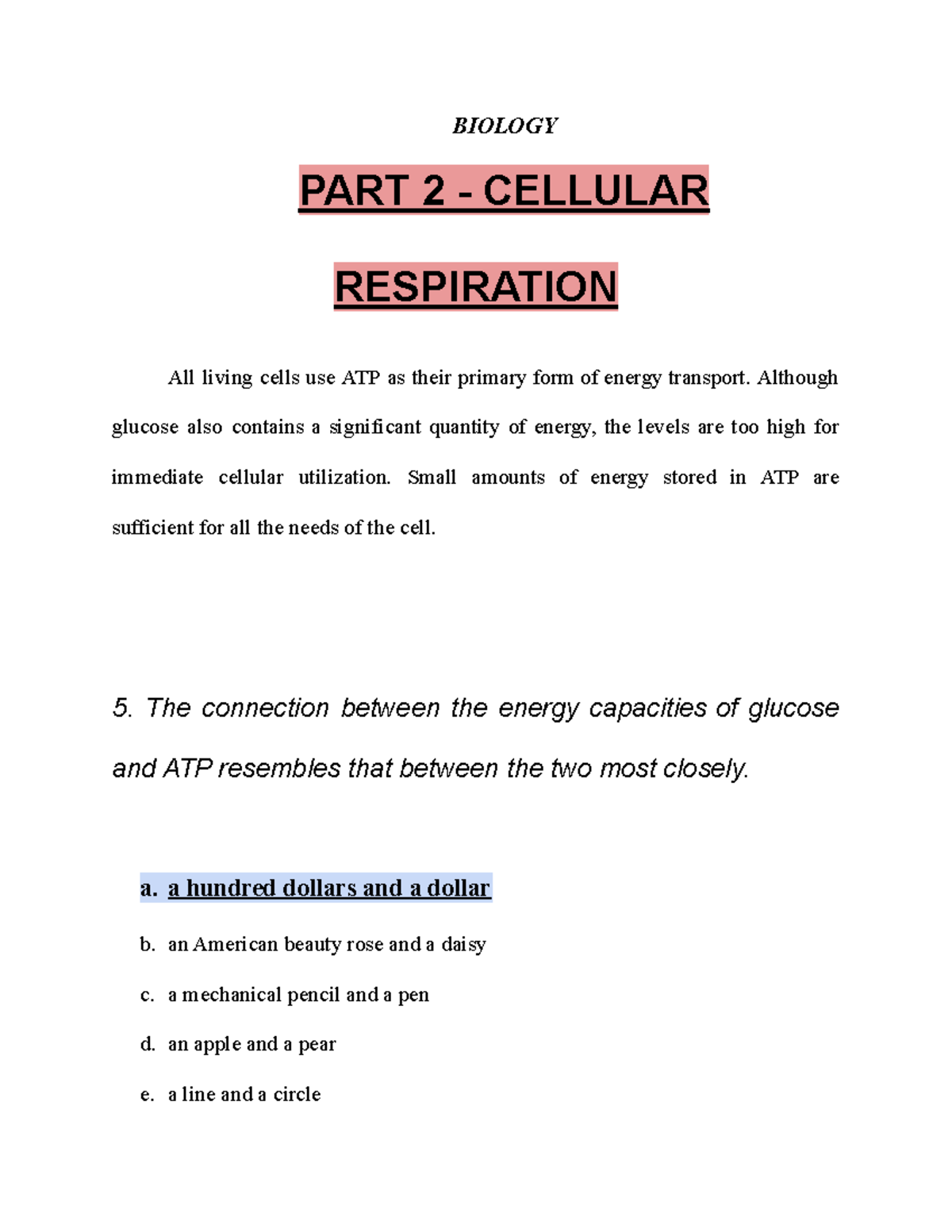 PART 2 - Biology - Cellular Respiration - BIOLOGY PART 2 - CELLULAR ...