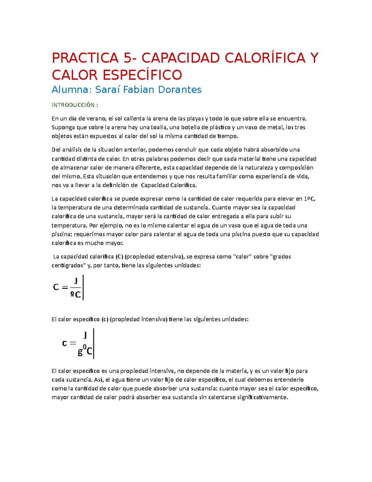 Quimica Practica 5 Practica 5 Capacidad CalorÍfica Y Calor