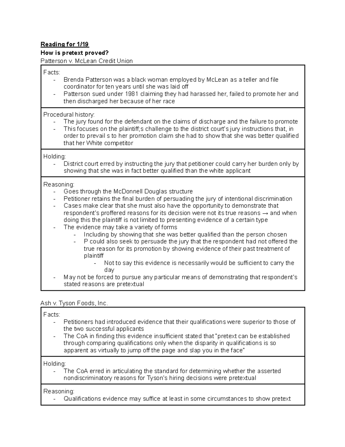 Employment discrimination reading notes Reading for 1/ How is pretext proved? Patterson v