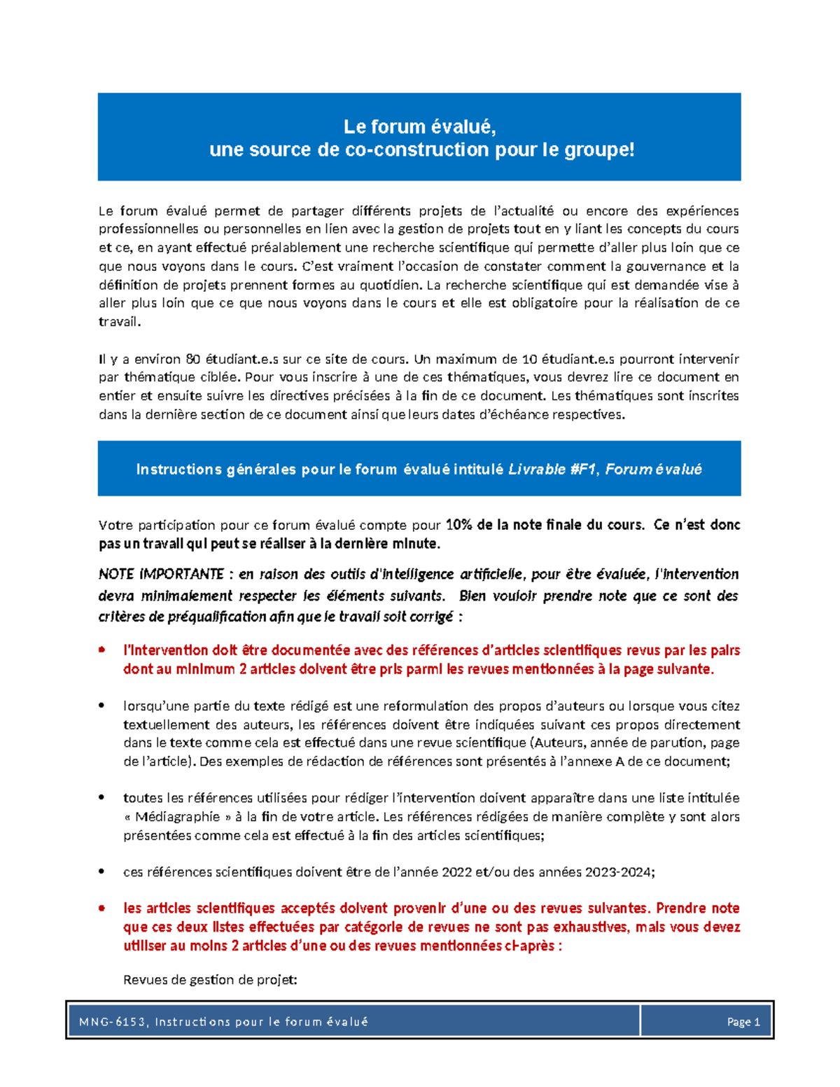 MNG 6153 Forum Evalue Instructions E24 - Le forum évalué, une source de ...