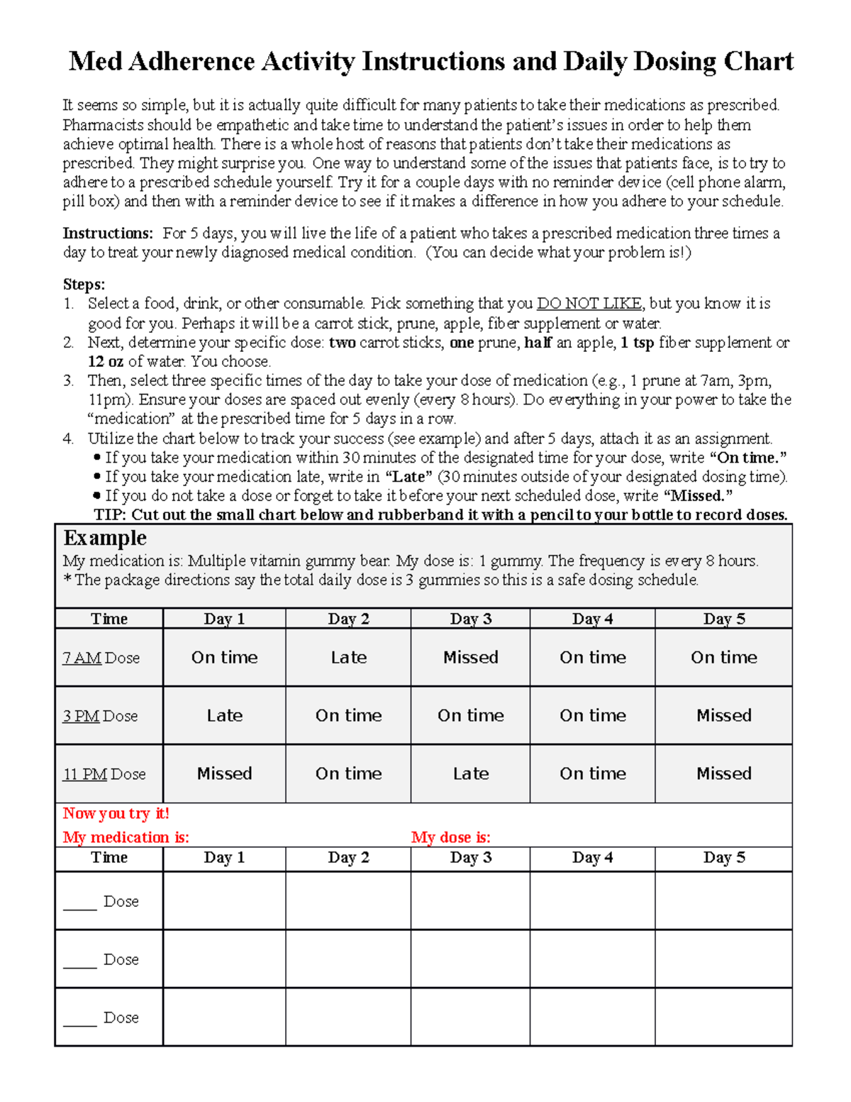 Med Adh Daily Dosing Chart and Instructions - Med Adherence Activity ...