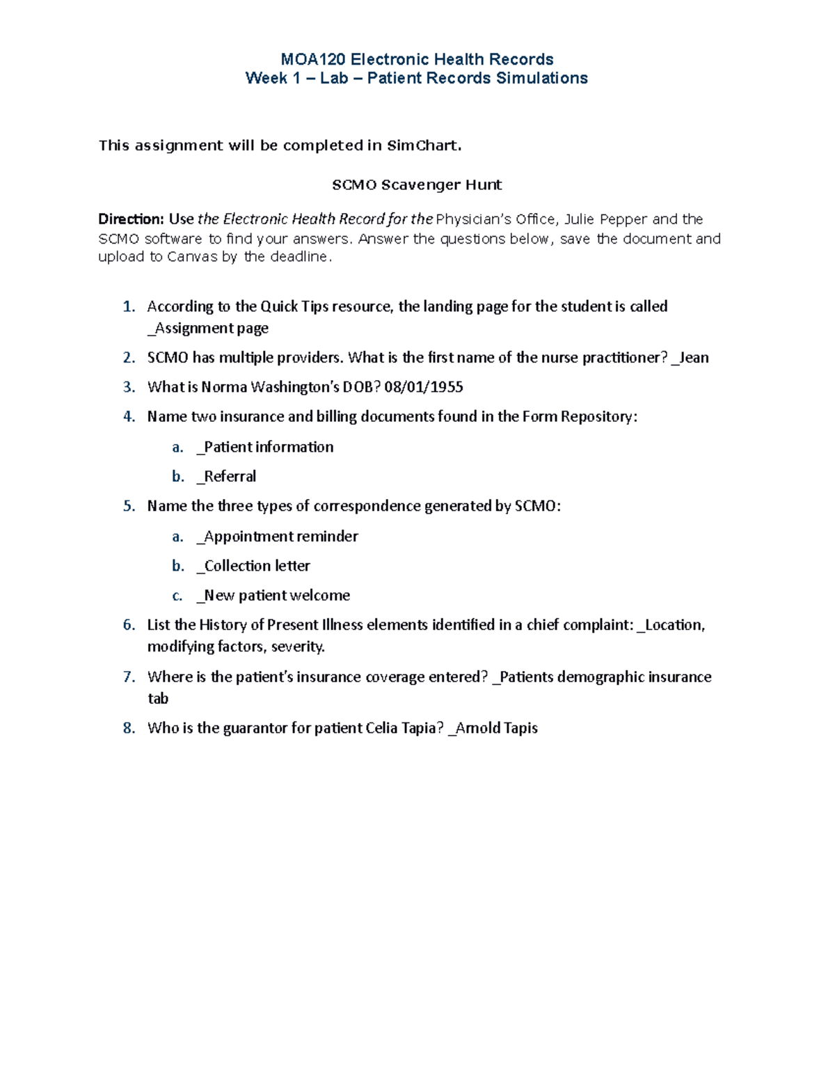 Wk1Online Lab - Medical Records - MOA120 Electronic Health Records Week ...