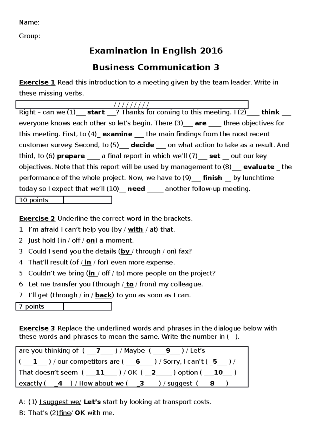 Exam in English BK3 2016 Name Group Examination In English 2016 