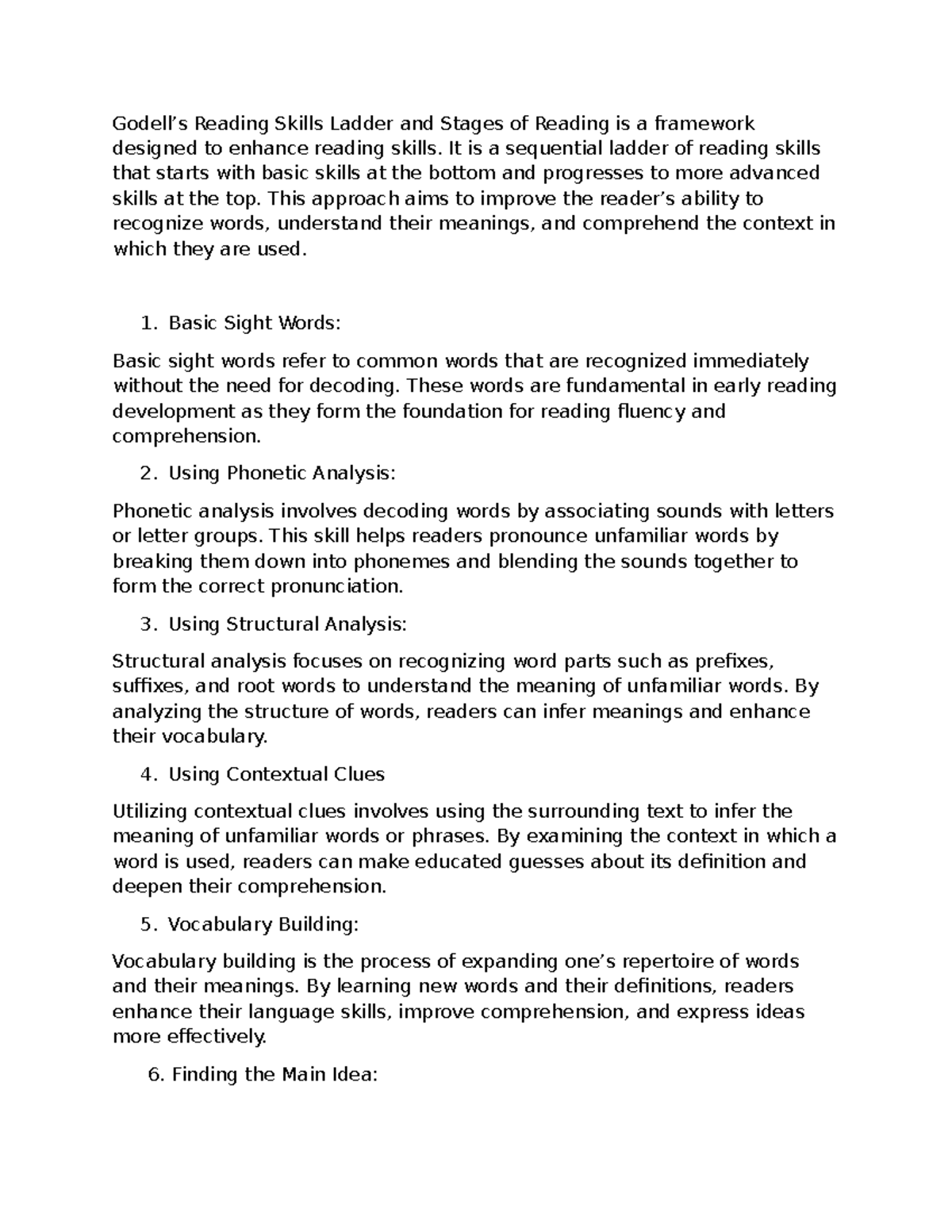 Godell's Reading Skills Ladder and Stages of Reading It is a