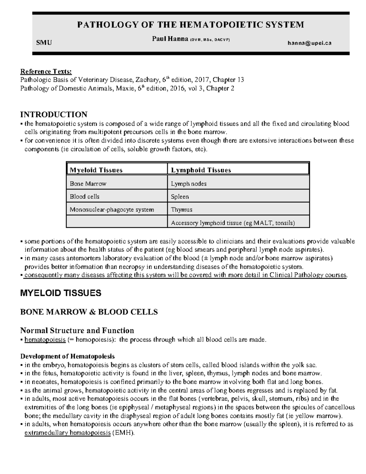 Hematology notes - Reference Texts: Pathologic Basis of Veterinary ...