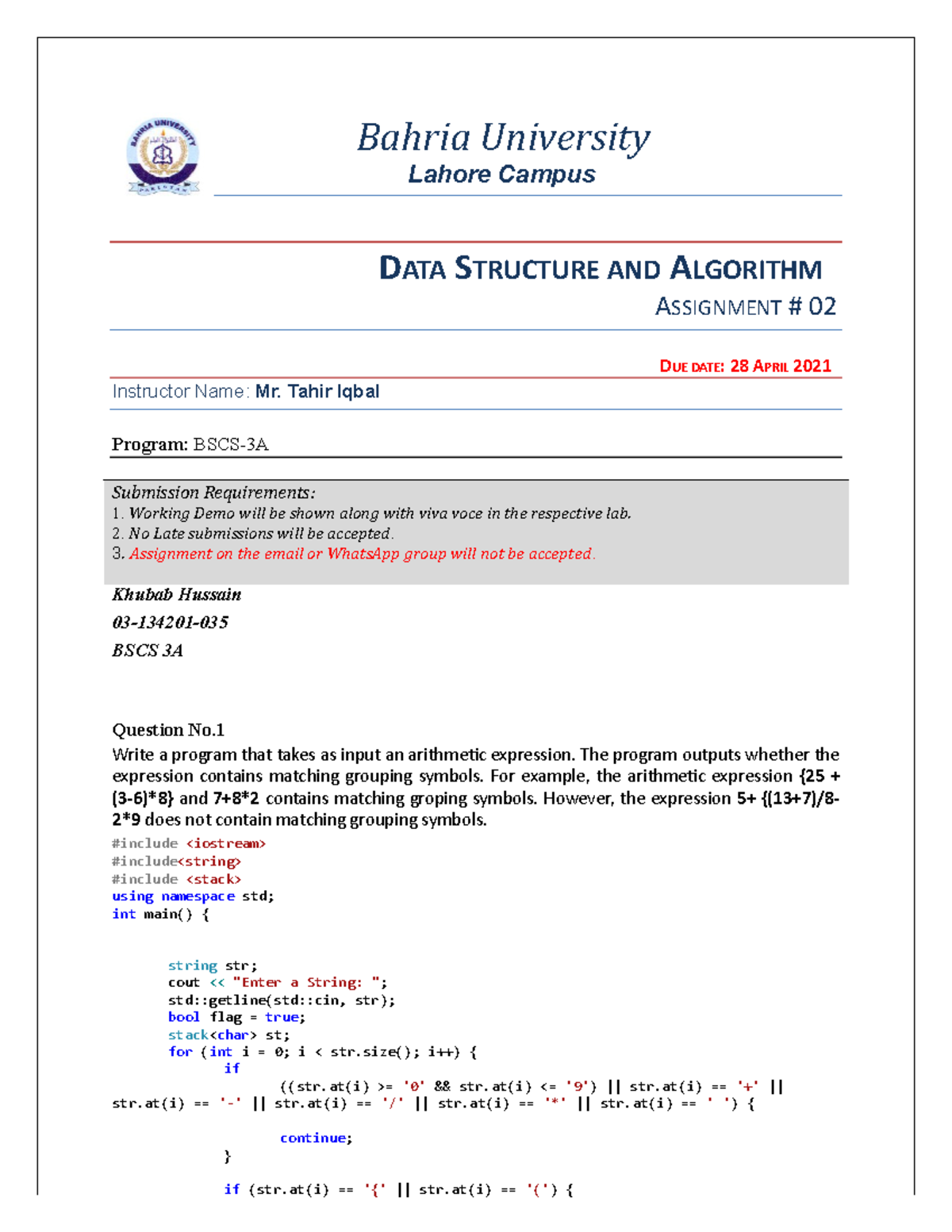 DSA assign 2 - Lecture notes 2 - Bahria University Lahore Campus DATA ...