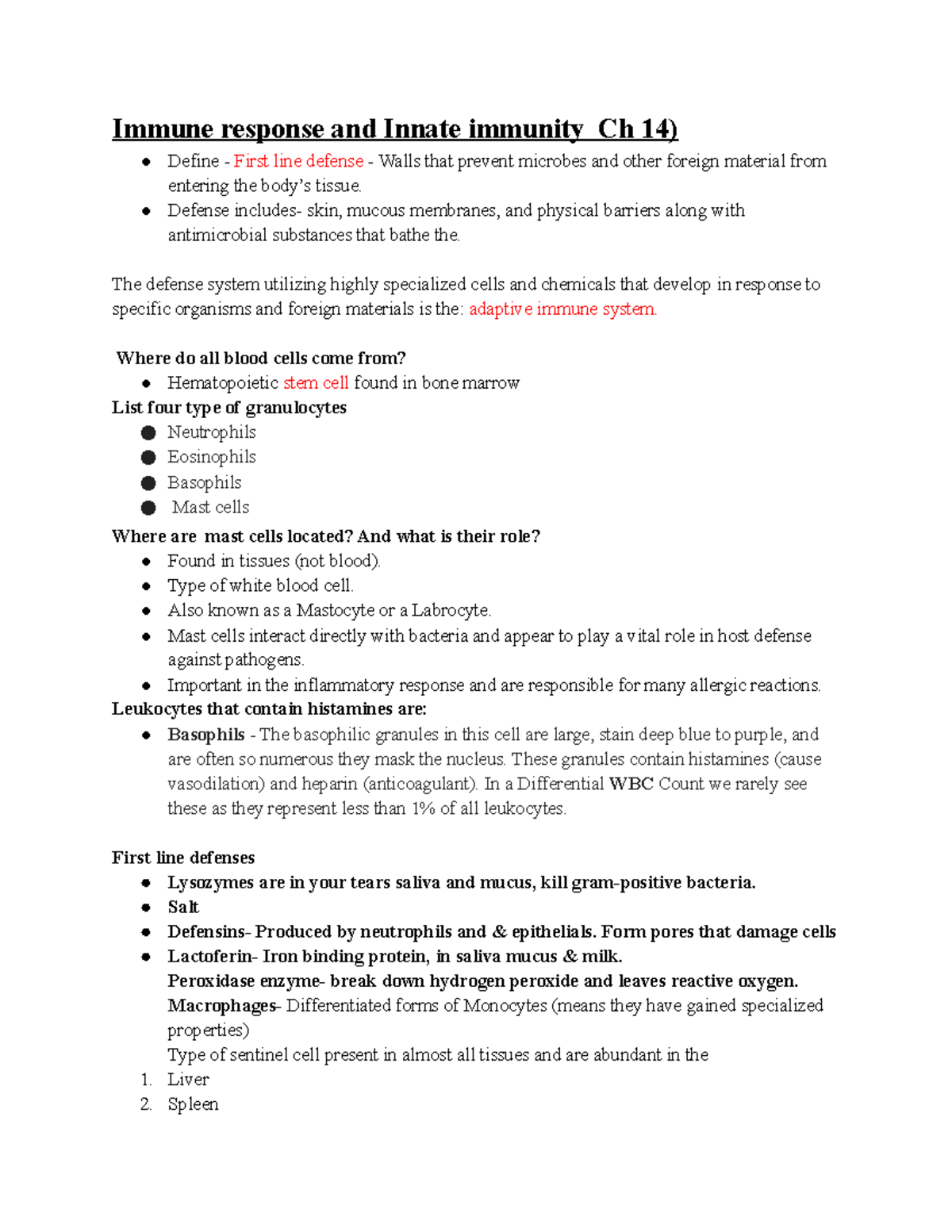 Exam 2 study guide - Immune response and Innate immunity Ch 14) Define ...