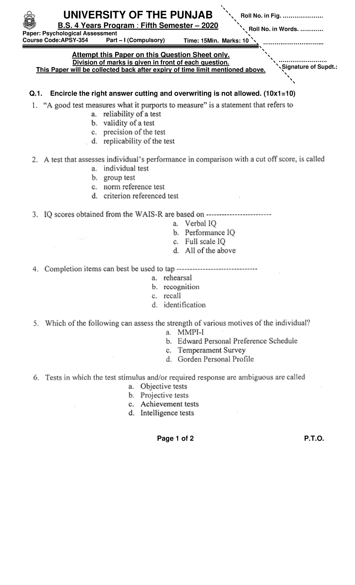 P2020 APSY-354 - Paper - Attempt this Paper on this Question Sheet only ...