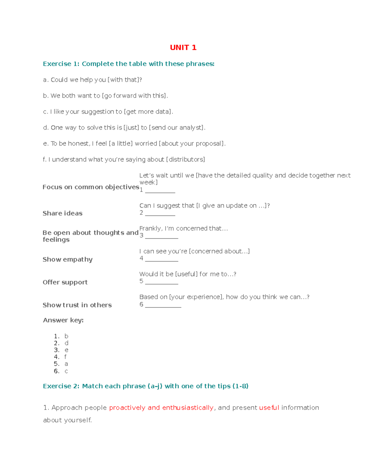 Functional language hp3 - UNIT 1 Exercise 1: Complete the table with ...