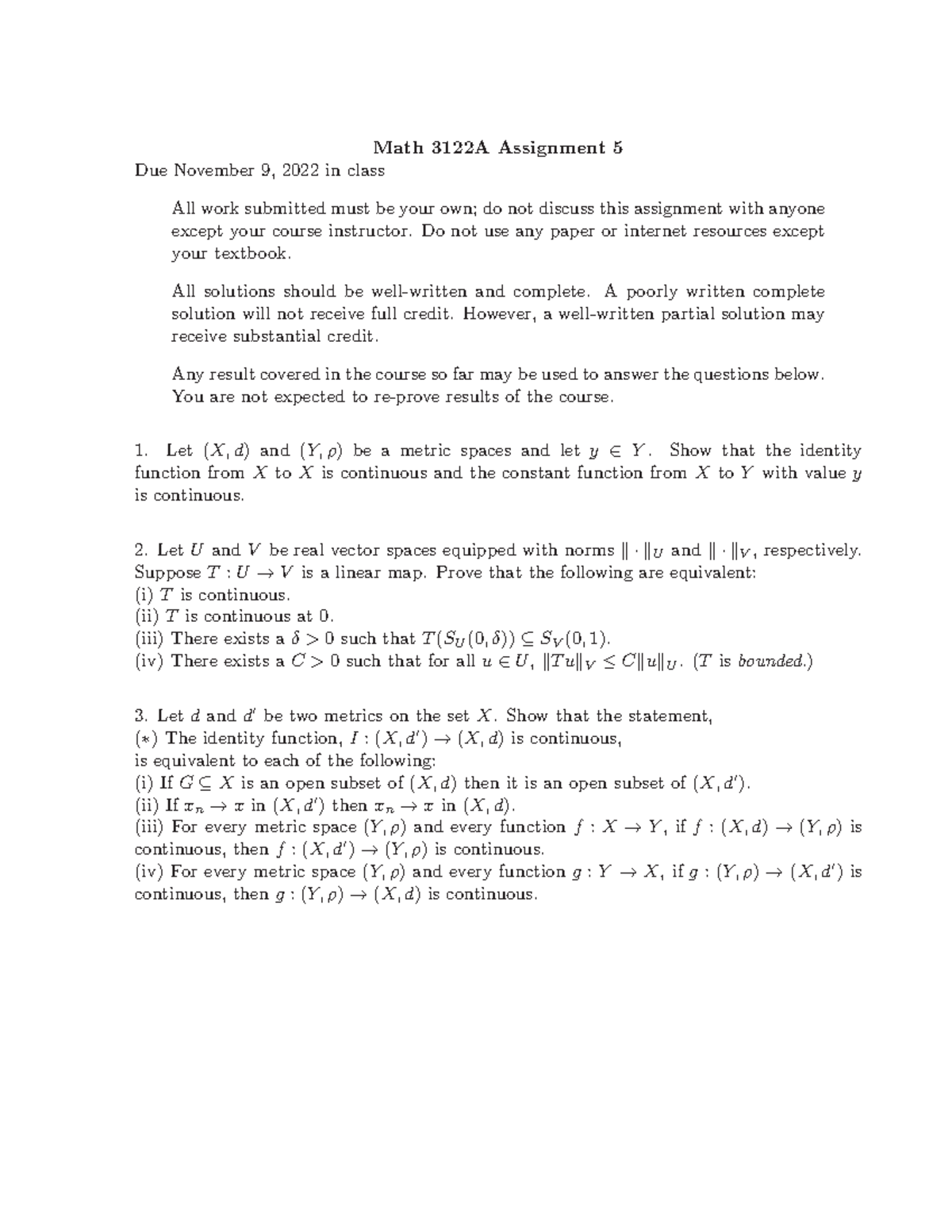 A5 - A5.pdf - Math 3122A Assignment 5 Due November 9, 2022 in class All ...