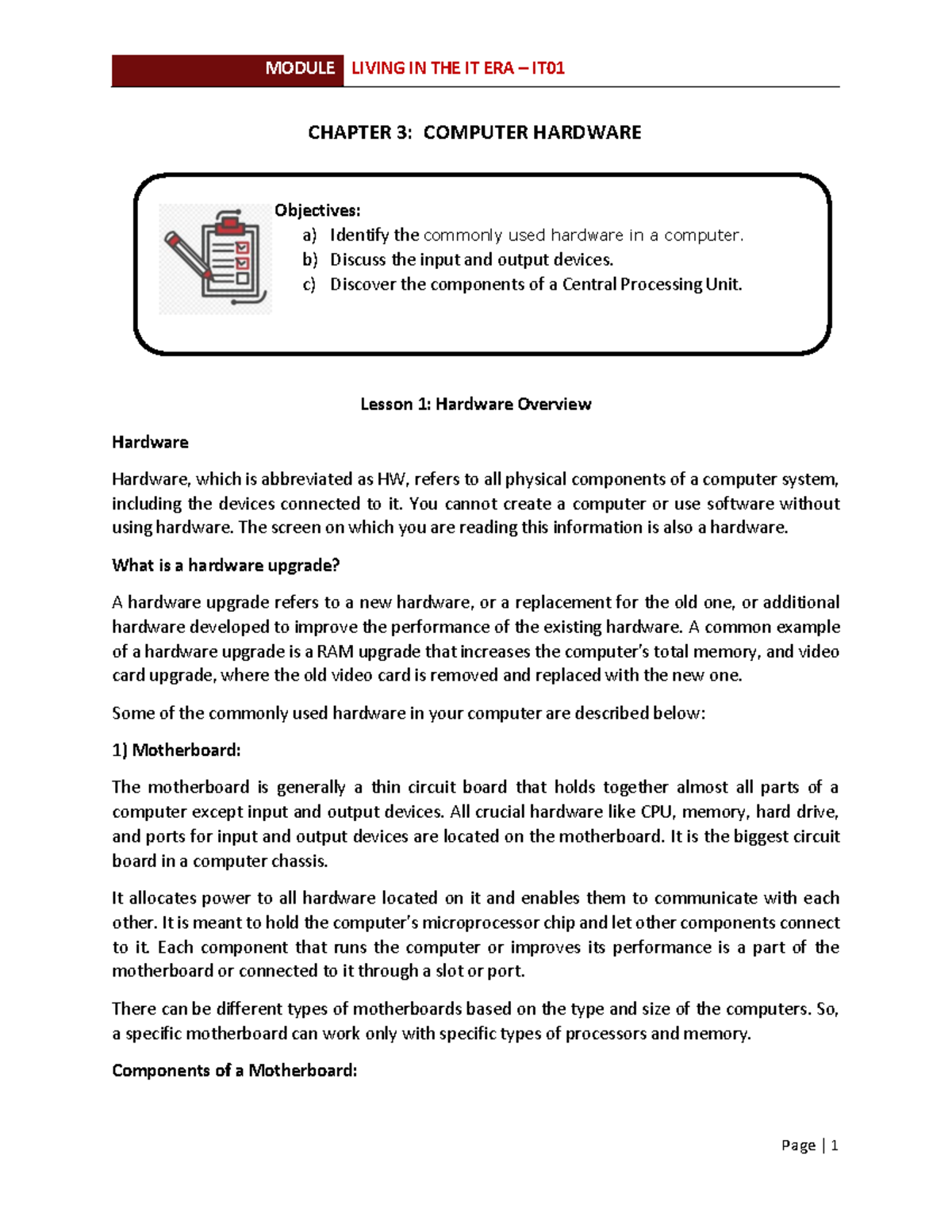 Chapter 3 IT - module about IT - CHAPTER 3: COMPUTER HARDWARE Lesson 1 ...