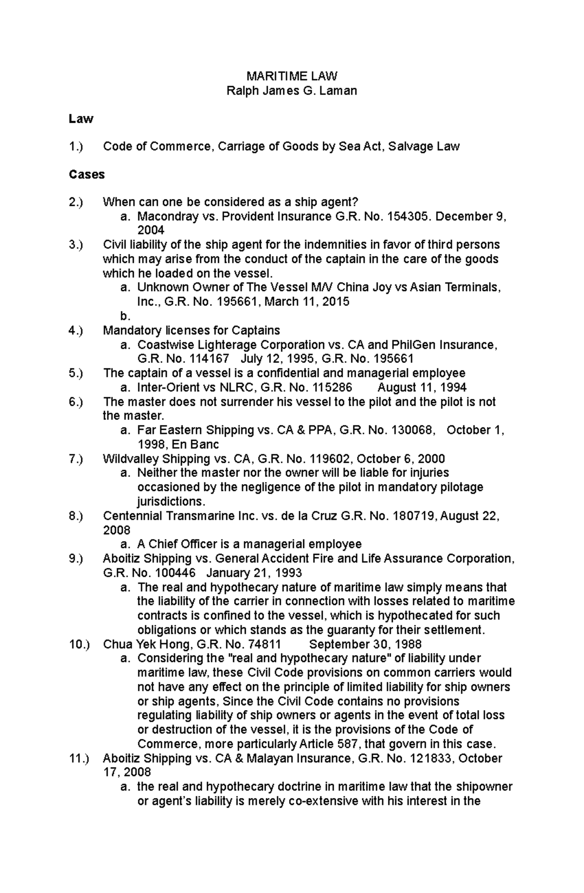 Case List Maritime Commerce MARITIME LAW Ralph James G. Laman Law 1