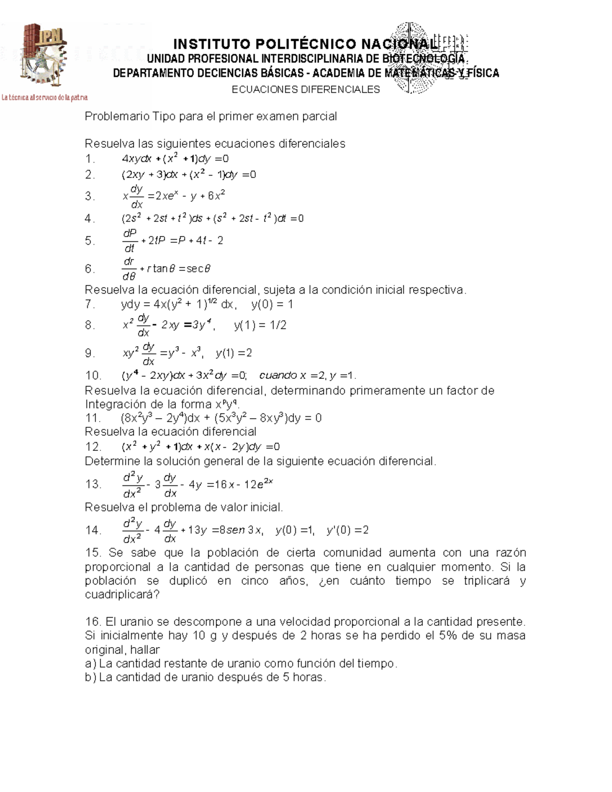 Problemario Primer Parcial - INSTITUTO POLITÉCNICO NACIONAL UNIDAD ...