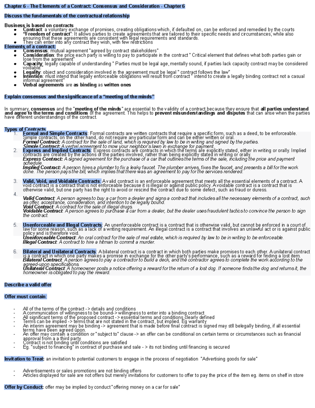 BLAW Midterm 2 1 - BLAW NOTES - Chapter 6 - The Elements Of A Contract ...