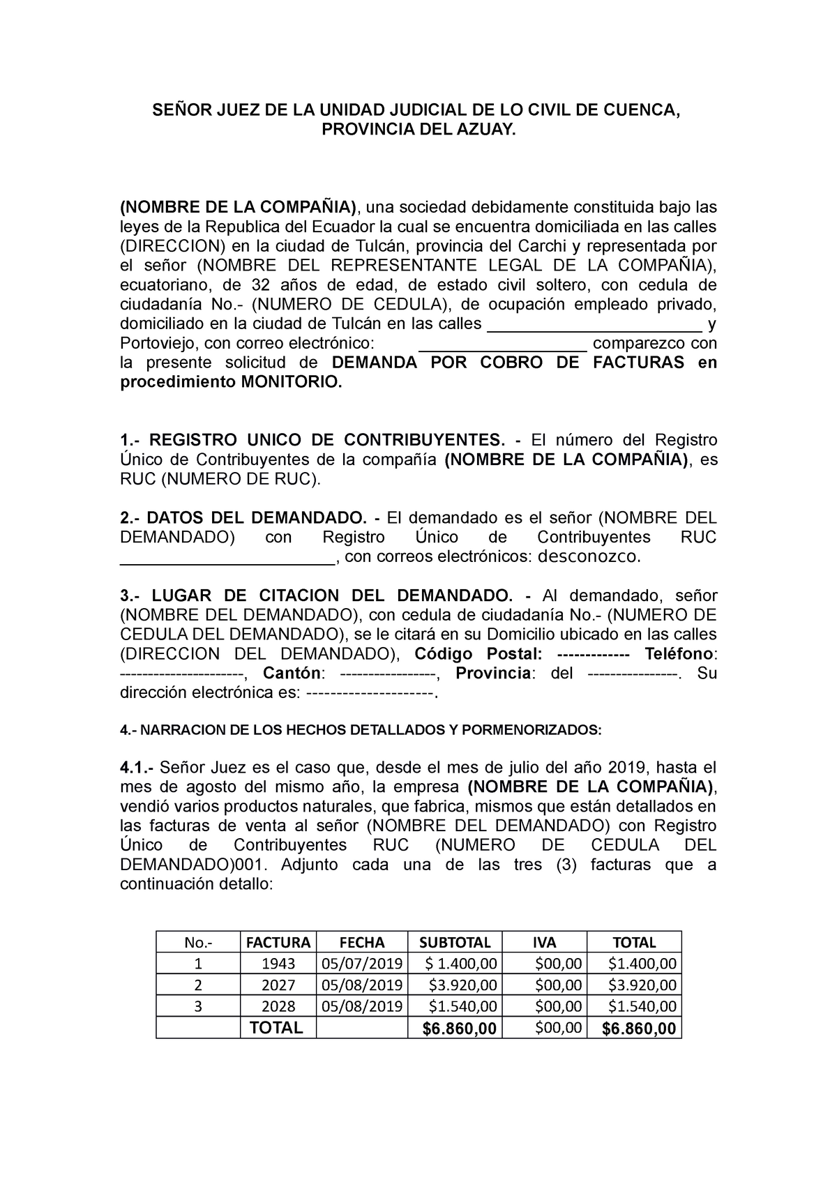 Juicio Monitorio Cobro De Facturas SeÑor Juez De La Unidad Judicial De Lo Civil De Cuenca 4213