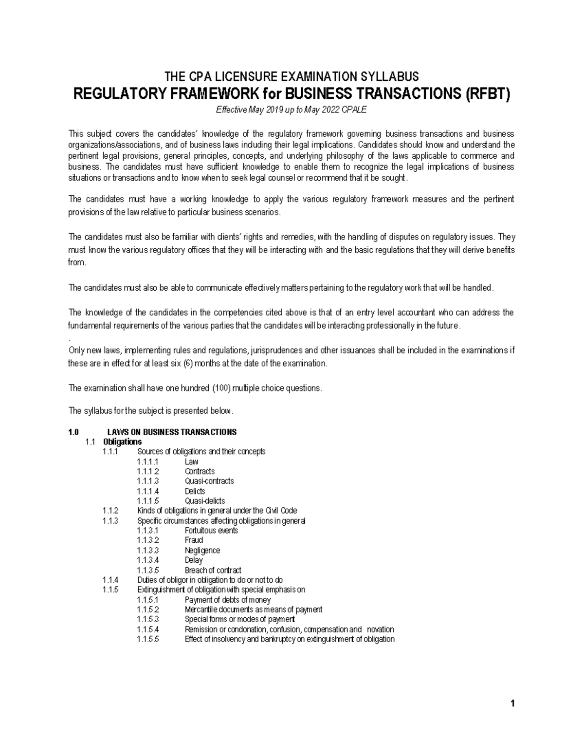 Rfbt syllabus oct 2021 cpale the cpa licensure examination syllabus