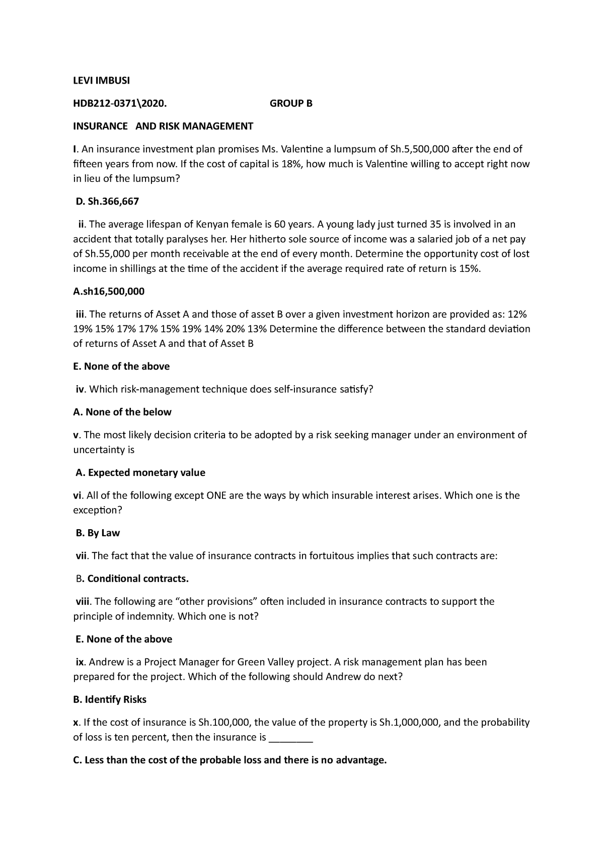 risk and insurance assignment