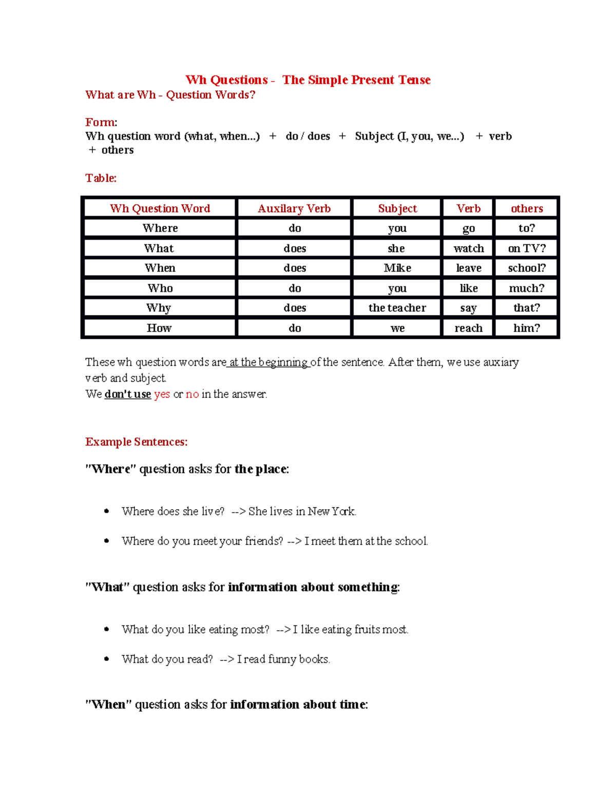 Ilide - pdf - Wh Questions - The Simple Present Tense What are Wh ...