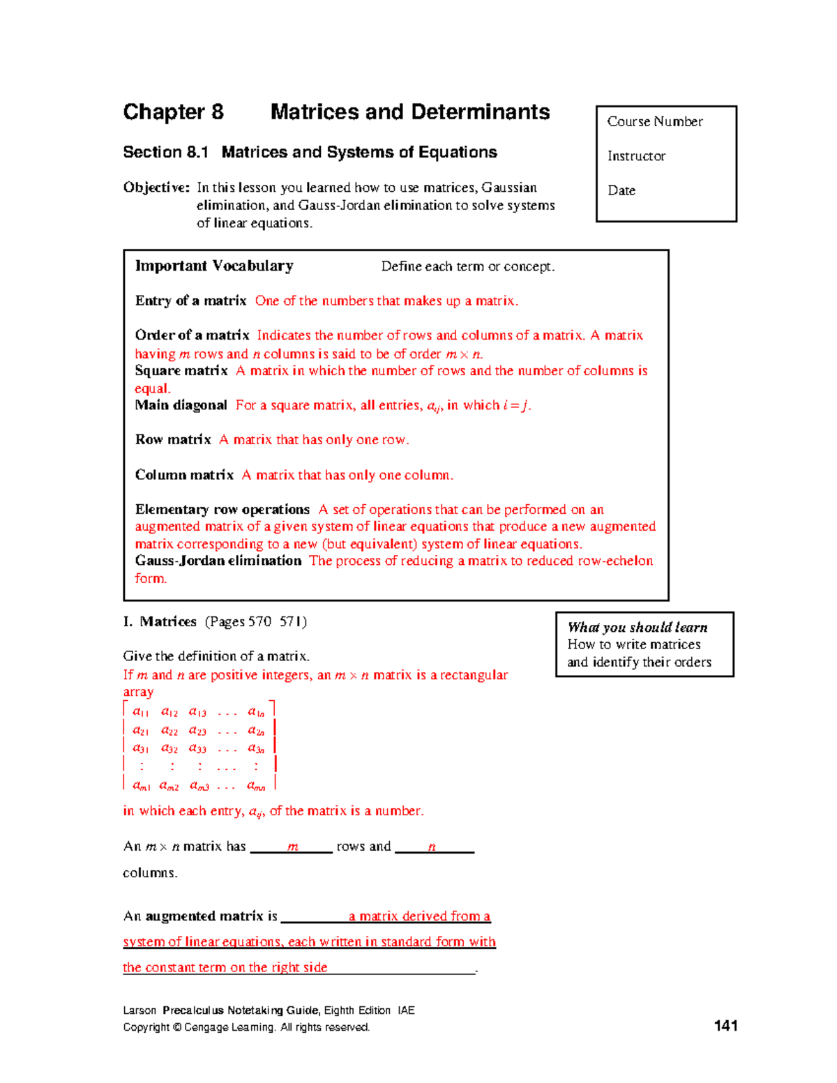 Matrices and Systems of Equations - Larson Precalculus Notetaking Guide ...