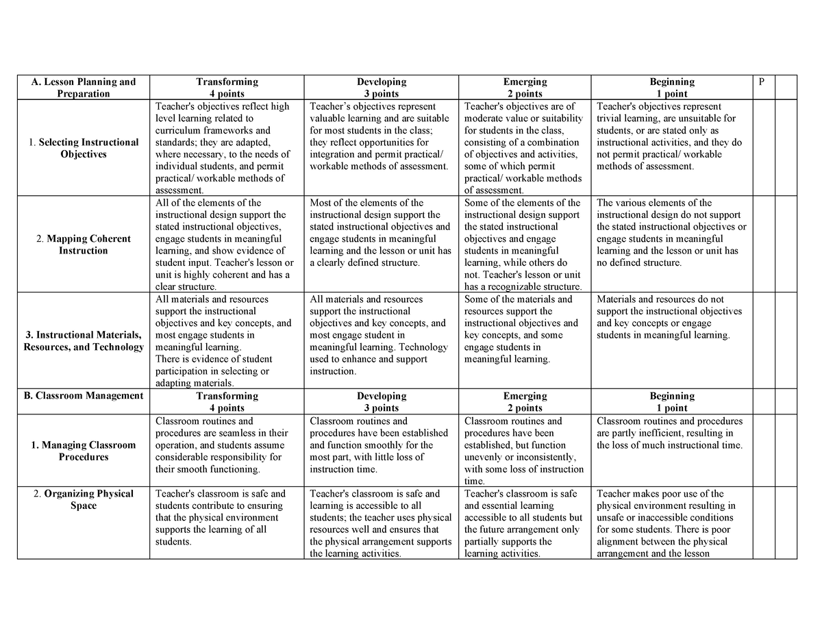 Rubrics for Demonstration Teaching - A. Lesson Planning and Preparation ...