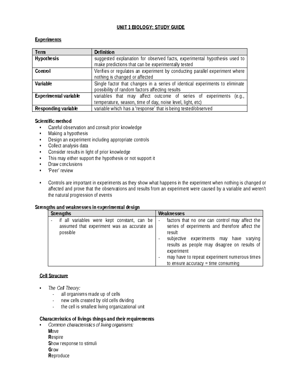 8893Unit 1 - Study Guide - UNIT 1 BIOLOGY: STUDY GUIDE Experiments Term ...