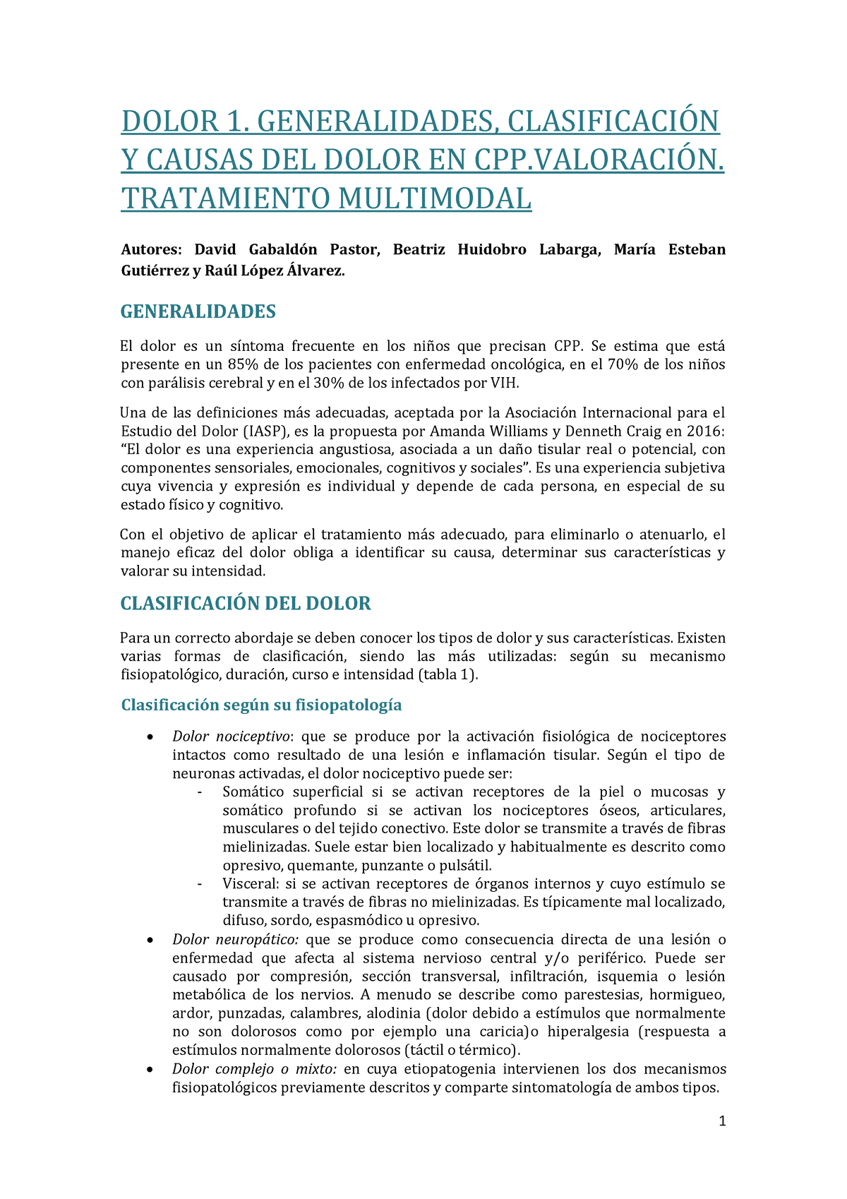 Dolor 1. Generalidades Clasificacion Y Causas DEL Dolor EN CPP - DOLOR ...