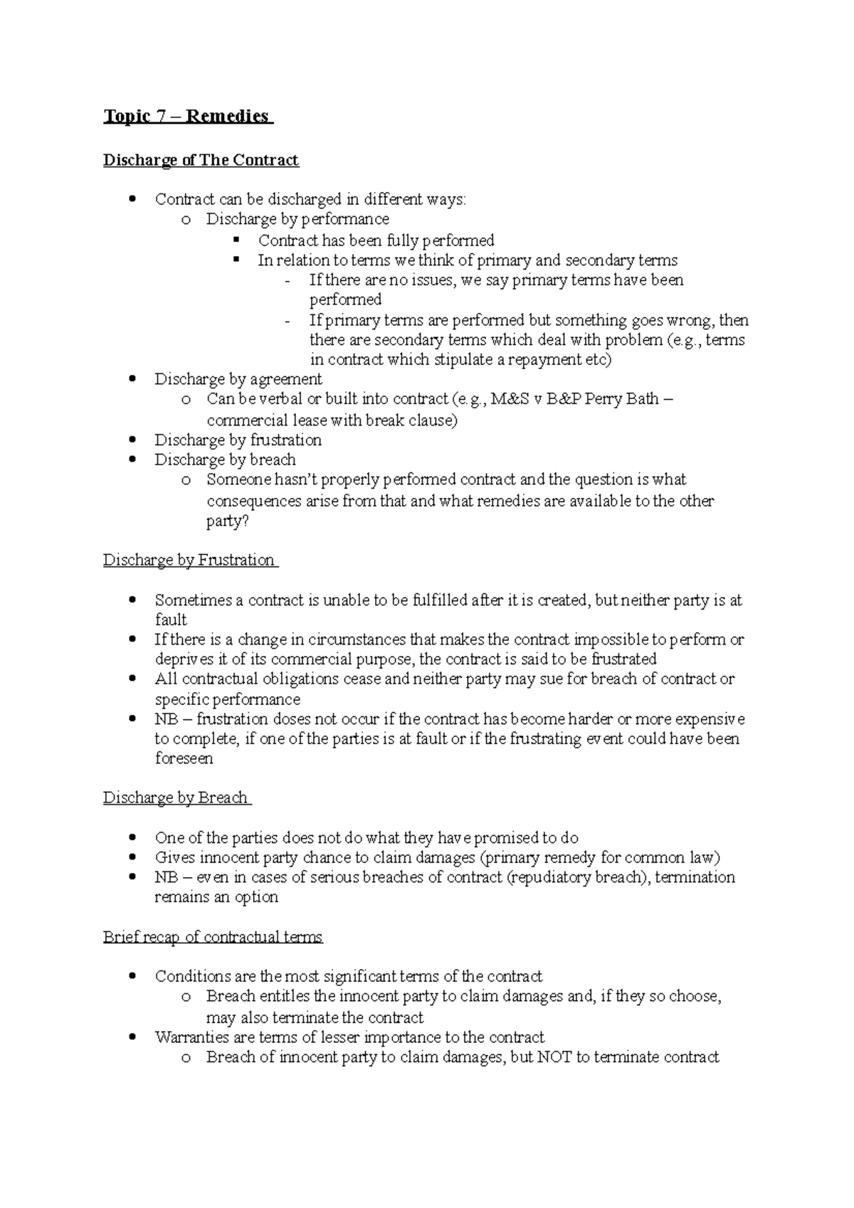 Contract Law Topic 7 Remedies I Topic 7 Remedies Discharge Of The Contract Contract Can Contract Law Topic 7 Remedies I Topic 7 Remedies Discharge Of The Contract Contract Can