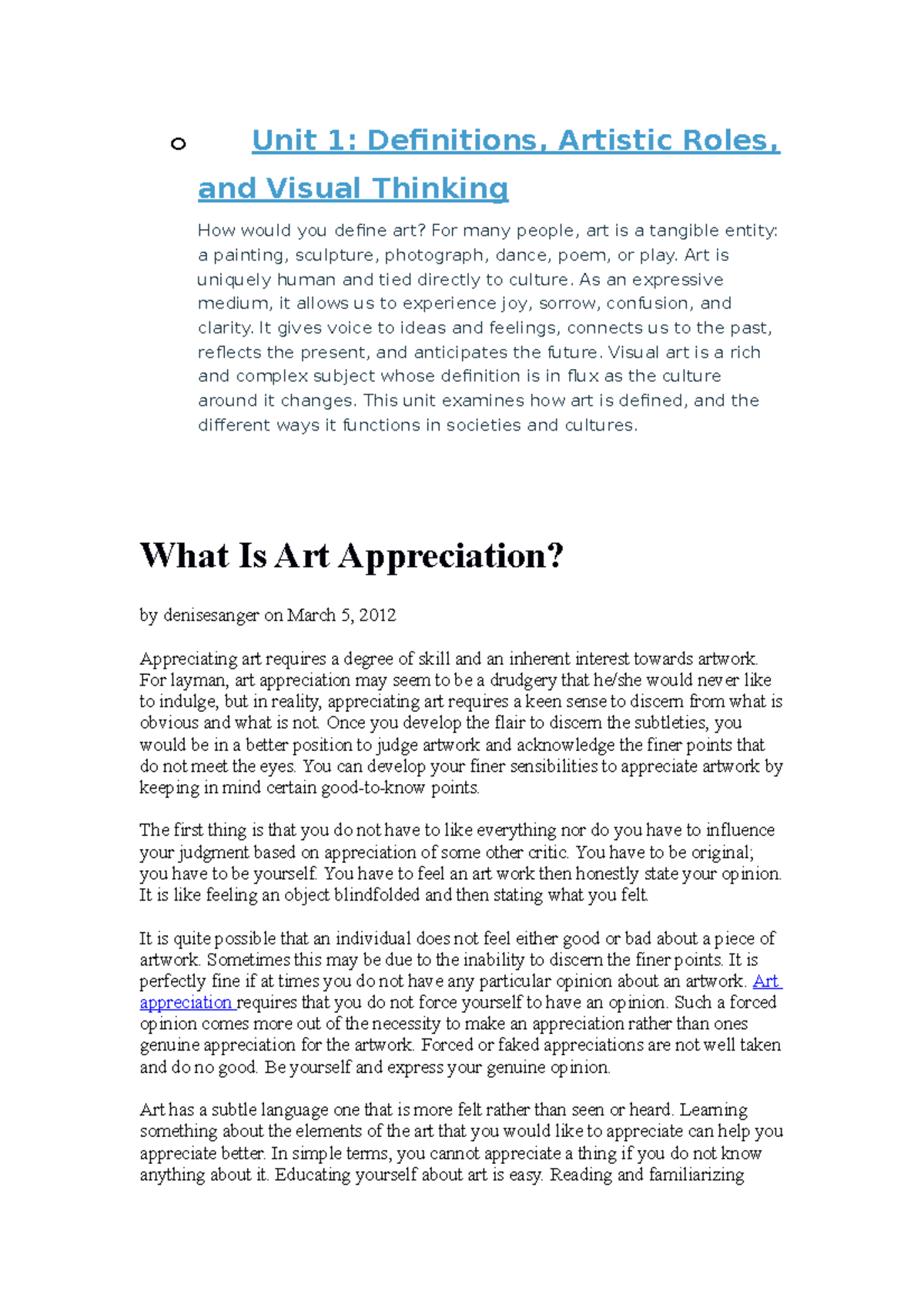 Art ART o Unit 1 Definitions, Artistic Roles, and Visual Thinking