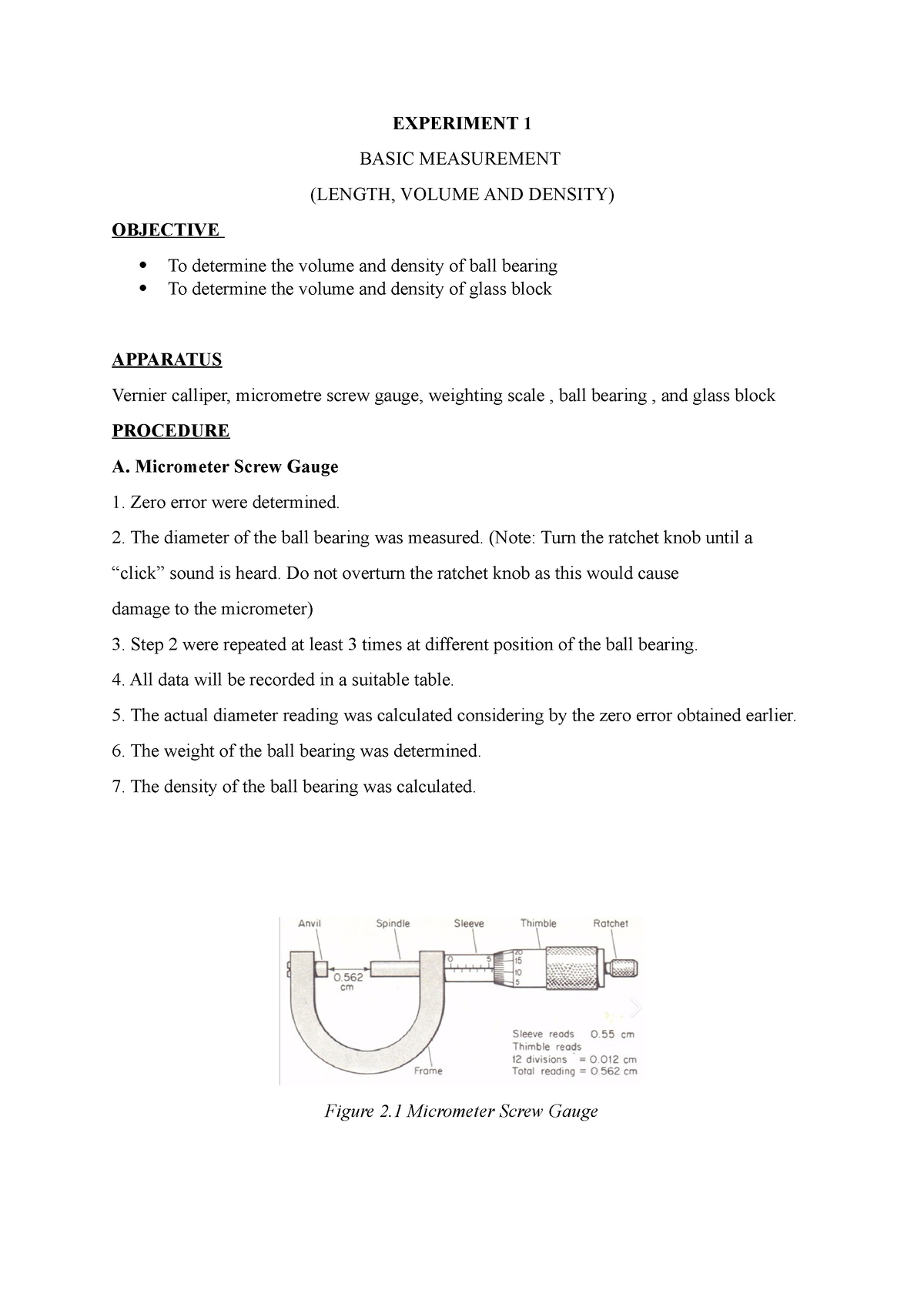 Experiment 1 Physics - . - Experiment 1 Basic Measurement (length 