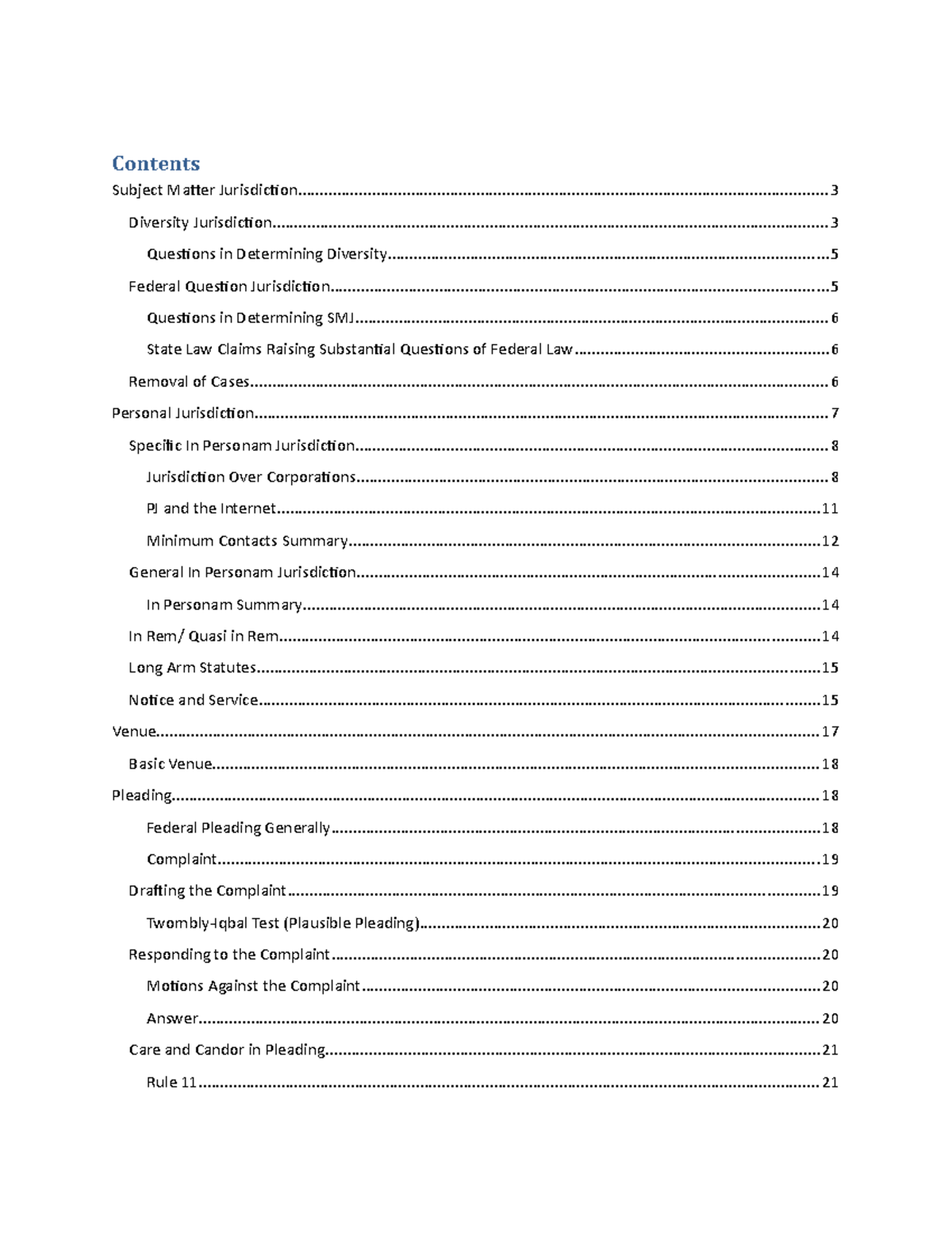 Civil Procedure With Flowcharts Contents Subject Matter Studocu