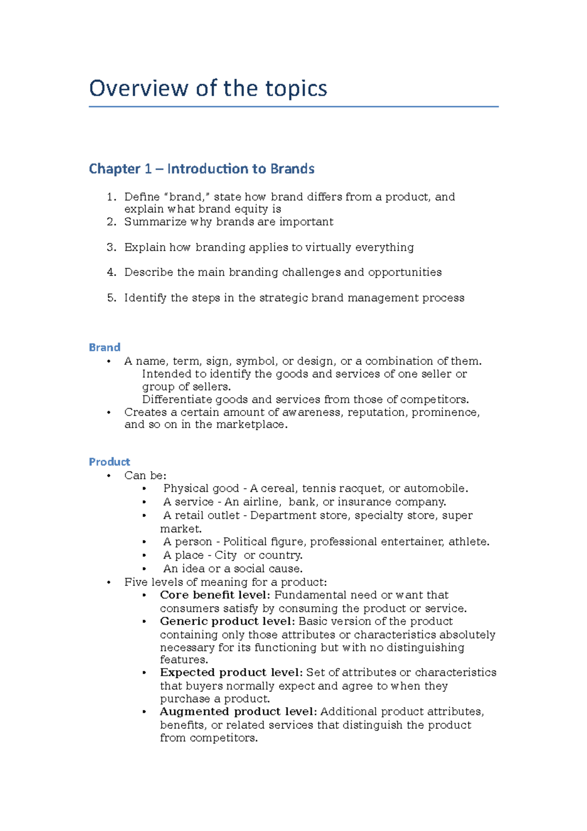 Overview of the topics - Summary Brand and Product Management ...