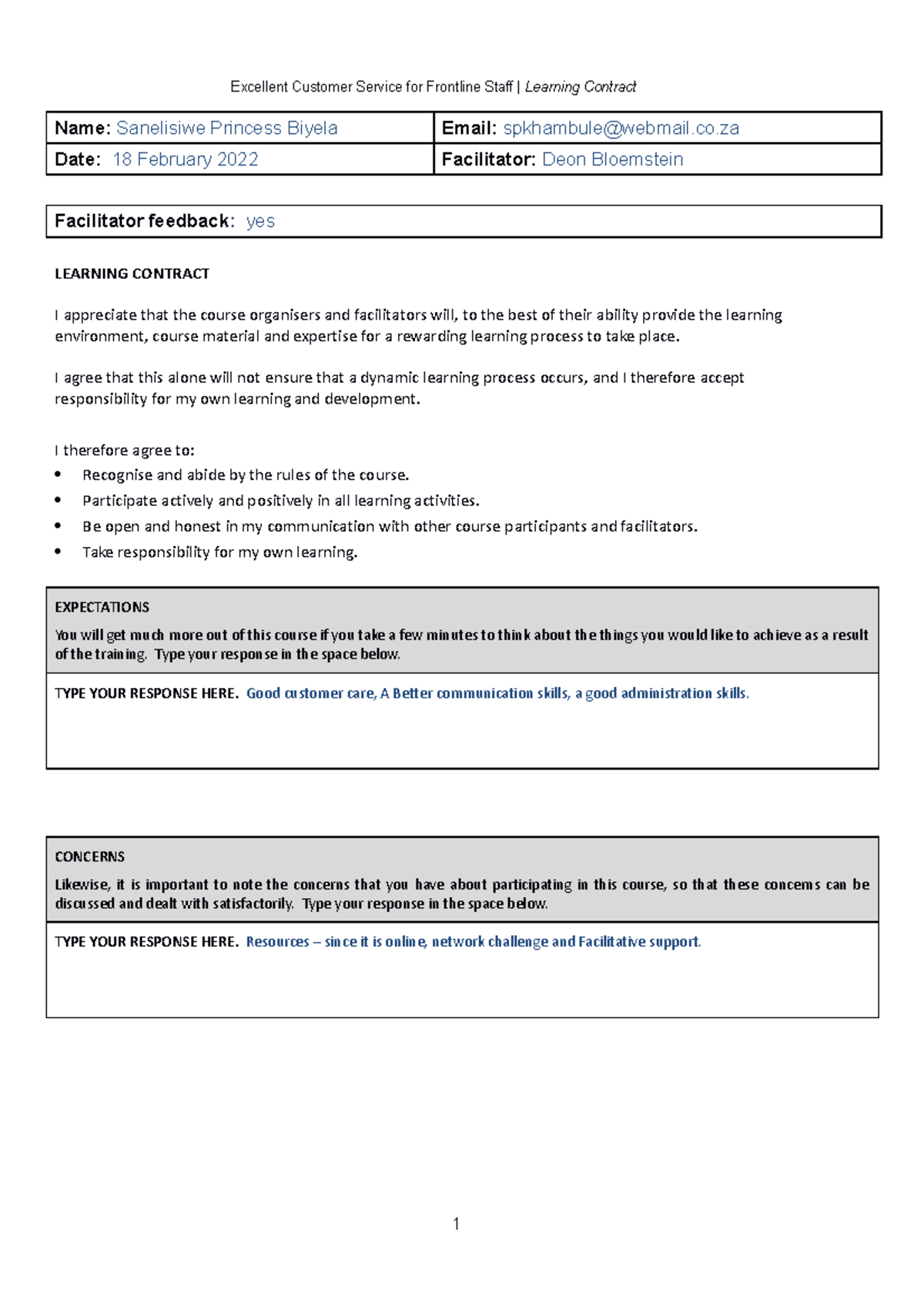 ECS Learning Contract - note - Excellent Customer Service for Frontline ...