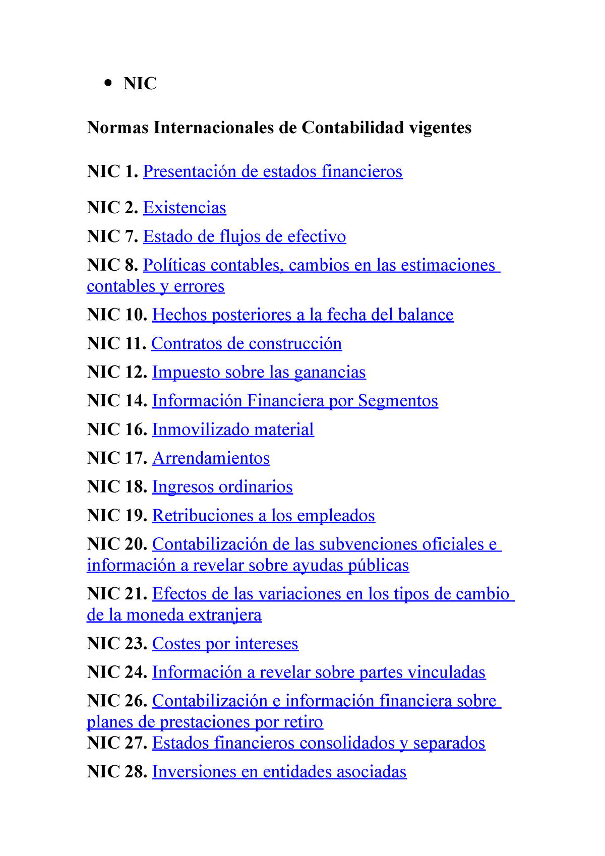 Contabilidadj Nic Apuntes Nic Nic Normas Internacionales De Contabilidad Vigentes Nic 1 1297